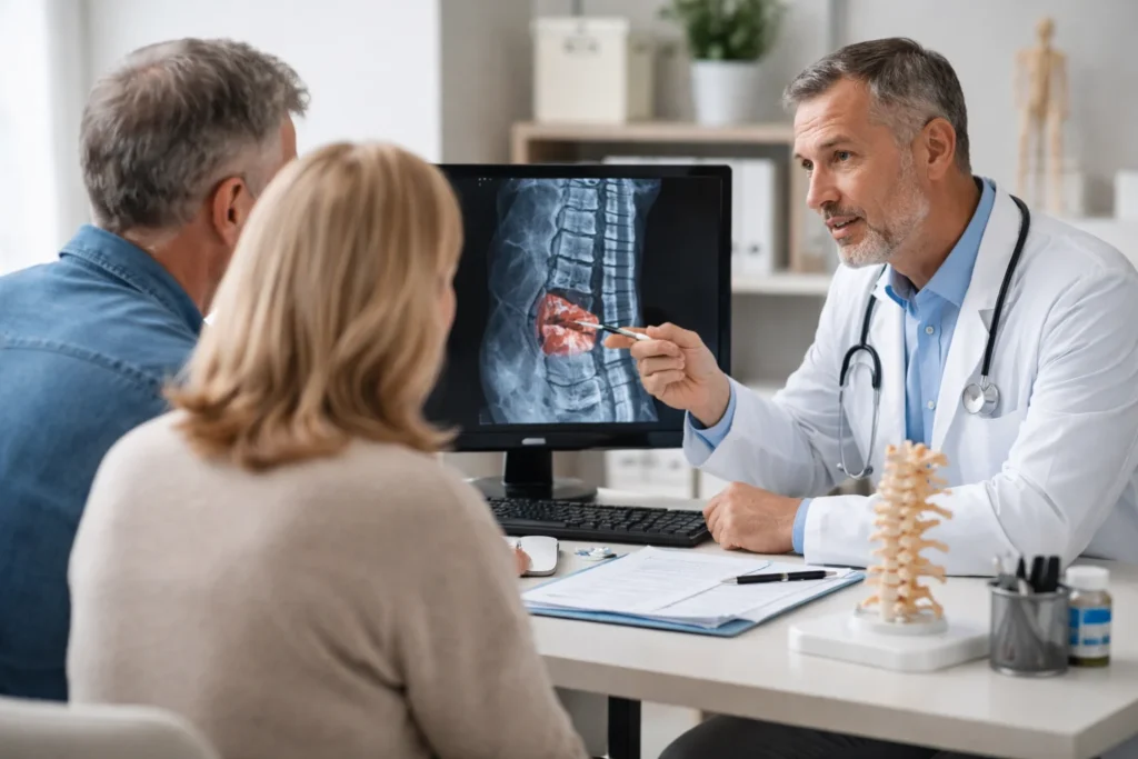 Doctor explaining epidural injection to patient